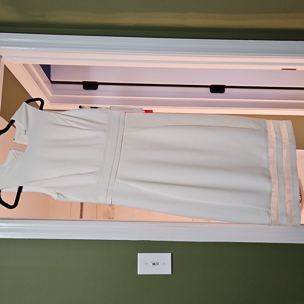 Calvin Klein Cream Sheath Midi Dress Mock Neck Sleeveless